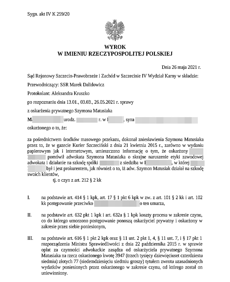 Adwokat Szymon Matusiak ze Szczecina przegrał sprawę karną, którą wytoczył… własnemu klientowi